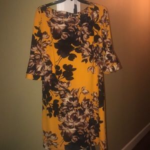 Orange/Gold floral dress w/navy&purple accents.